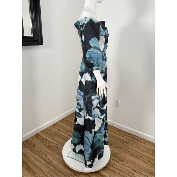 Kay Unger Womens Alison Floral Off-the-Shoulder Gown Flint Light Teal Size 6 - Picture 7 of 12